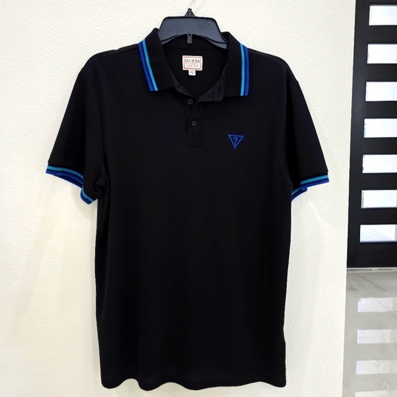 Guess Men's Black Polo Shirt with Blue Accents - Picture 1 of 4
